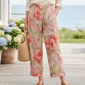 vtg wide leg cropped silk pants Hibiscus pink Tropical floral coastal luxury
